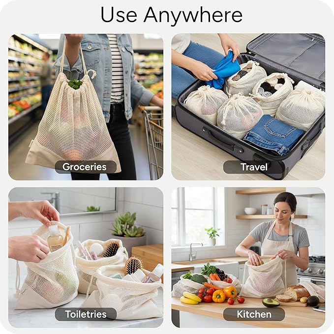 LEAFICO Reusable Produce Bags – 100% Cotton Mesh & Solid Hybrid (Large 12x15 inch 6 Pcs) – Storage Bags for Vegetables, Toys, Clothes, Travel Packing – Washable, Plastic-Free, Breathable, Zero Waste