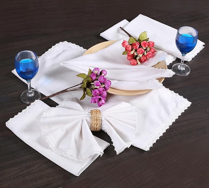 White Cloth Napkins Set of 12 Cotton - 18x18 Inch with Beautiful Lace Soft Elegant Decorative Washable Reusable Dinner Napkin for Dining Table Décor Wedding Party Thanksgiving Birtday and Everyday Use
