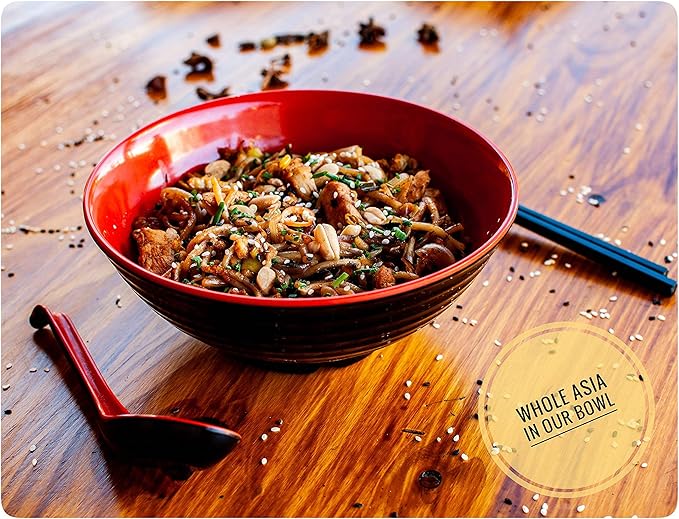 6 Ramen Bowls, 18 pieces Pho set. Red Black Asian Japanese soup. Utensil Spoons And Chopsticks kit. Melamine. Large 37 oz. Noodles, Rice, Udon, Thai, Chinese, Korean, Wonton, Miso (Red Black x6)