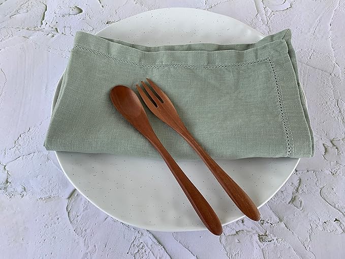 Hemstitched Linen Napkins – 20 Inch x 20 Inch – Stonewashed Pure Linen Cloth Dinner Napkins with Mitered Corners - 100% French Flax – Machine Washable - Set of 4 (Soft Sage Green)