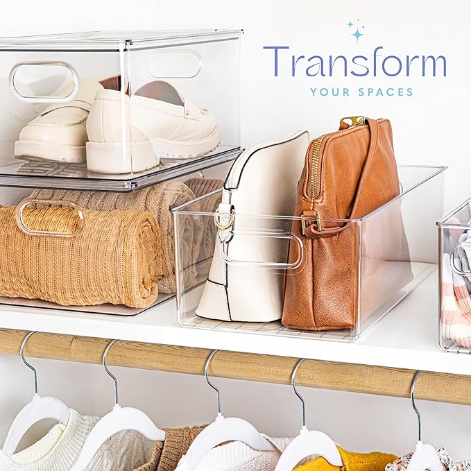 Plastic Food Storage Clear Container Bin with Handles for Organizing Kitchen, Pantry, Refrigerator, Freezer, Pantry, Cabinet, Closet, Bathroom. 16”x8”x5”