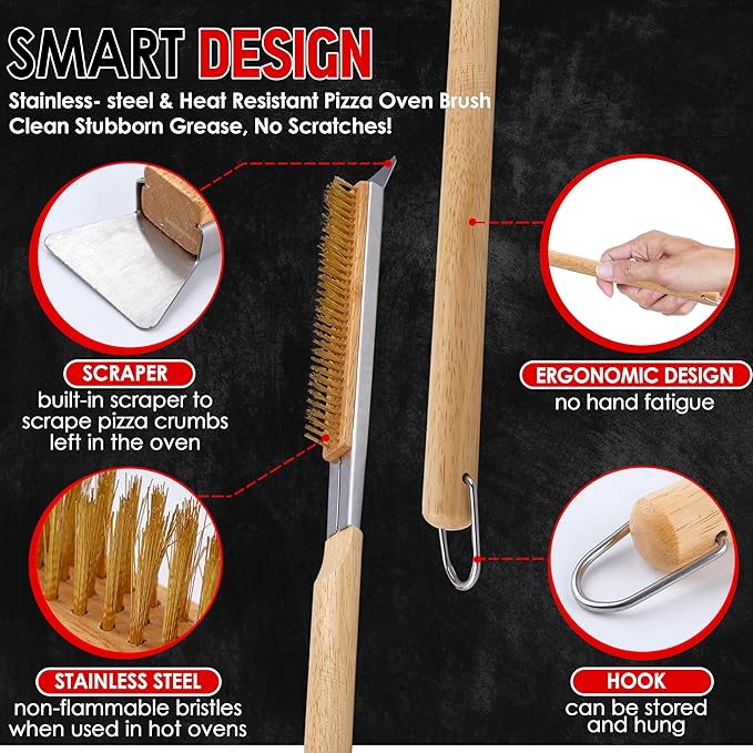 Pizza Oven Accessories, Pizza Oven Brush with Scraper, Pizza Stone Brush and Oven Cleaning Brush, Pizza Accessories and Supplies - 26INCH with Extra Head & Screwdriver