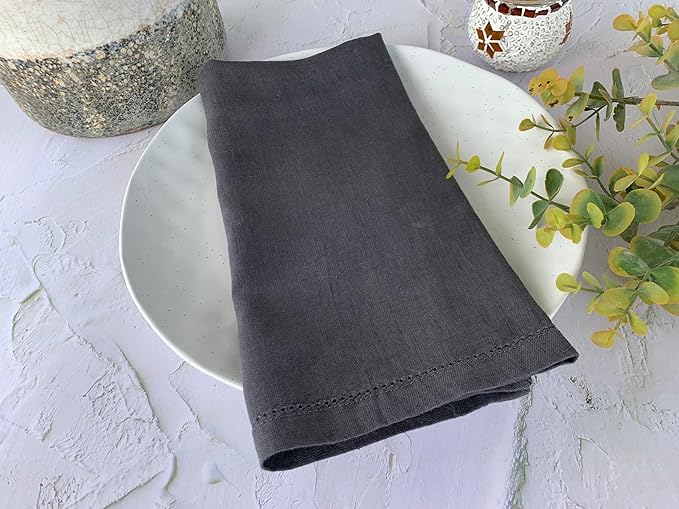 Hemstitched Linen Napkins – 20 Inch x 20 Inch – Stonewashed Pure Linen Cloth Dinner Napkins with Mitered Corners - 100% French Flax – Machine Washable - Set of 4 (Dark Gray)