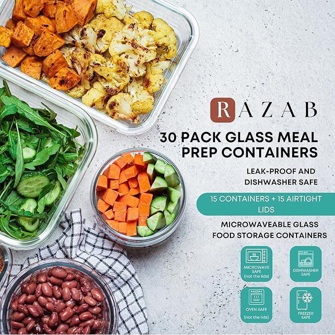 Razab 30 PC Glass Food Storage Containers with Lids - Reusable Glass Meal Prep Containers for Lunch and Leftovers - Airtight & Leakproof Snap Locking Lids - Oven, Freezer, Microwave, Dishwasher Safe