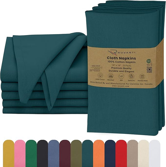 Ruvanti Cloth Napkins Set of 6, 18x18 Inches, 100% Cotton, Washable, Soft & Absorbent, Perfect for Wedding, Christmas, ‎Thanksgiving Dinners - Deep Teal