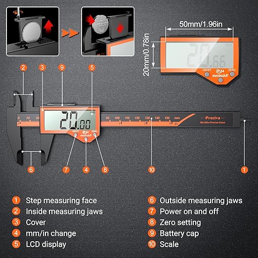 Preciva 6 Inch Digital Caliper, High Precision Measuring Tool with Large LCD Screen,Inch/Metric/Fraction Conversion, Auto-Off Feature, Vernier Caliper for DIY and Household (Orange)