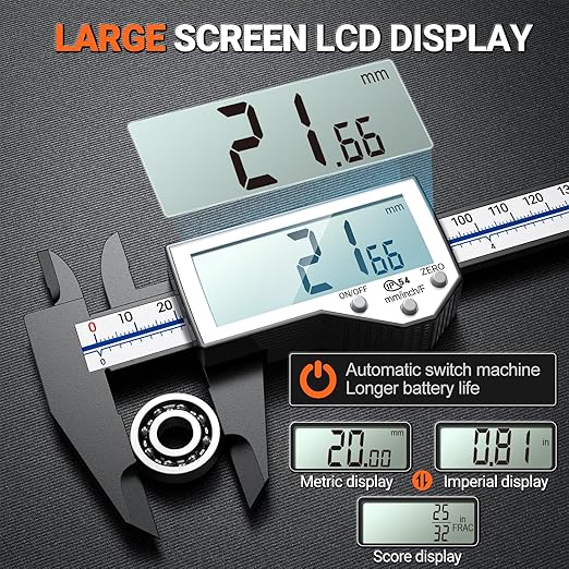 Preciva 6 Inch Digital Caliper, High Precision Measuring Tool with Large LCD Screen,Inch/Metric/Fraction Conversion, Auto-Off Feature, Vernier Caliper for DIY and Household
