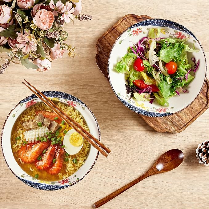 2 x 40 OZ ceramic ramen bowls, 8 IN large Japanese noodle soup bowl, match chopsticks and spoons, suitable for Pho, Udon Asian noodles (Colorful flowers 2 set)