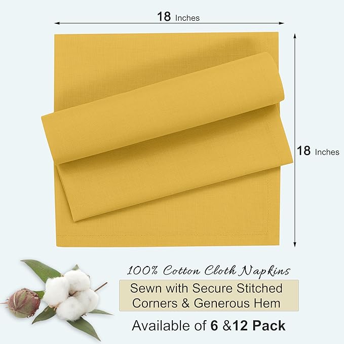 Ruvanti Cloth Napkins Set of 6, 18x18 Inches, 100% Cotton, Washable, Soft & Absorbent, Perfect for Wedding, Christmas, ‎Thanksgiving Dinners - Spicy Mustard