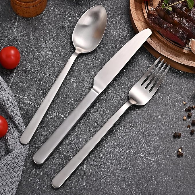 KINGSTONE Forged Silverware Set, 40-Piece Matte Flatware Set for 8, 18/10 Stainless Steel Silverware Cutlery Set Matte Satin Finish (Matte Silver)