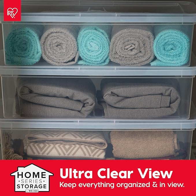 IRIS USA 6-Pack Storage Bins with Lids, 28 Quart, Clear Stackable Containers Box Organize Shoes Closet Shelves Clothes Blankets Towels - BPA-Free Plastic