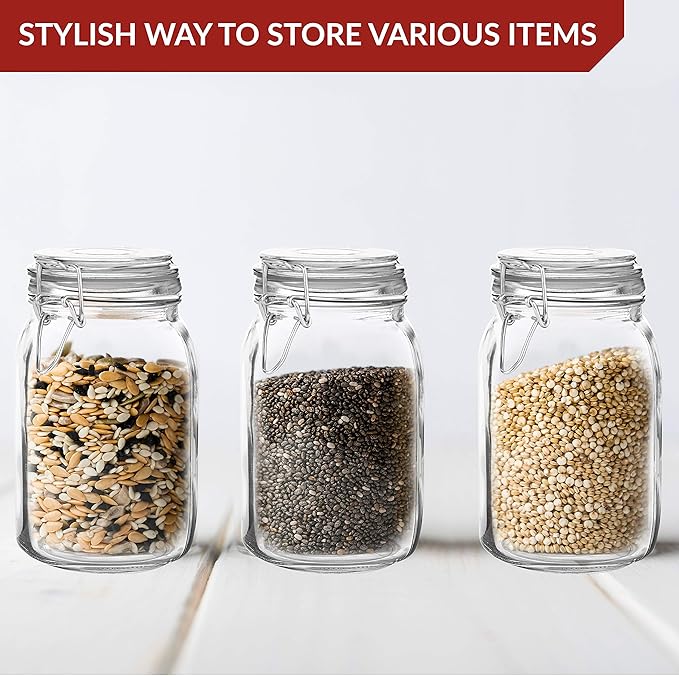Set of 3 Mason Jars with Lid (1 Liter) | Airtight Glass Storage Containers for Food, Flour, Pasta, Coffee, Candy, Dog Treats, Snacks & More | Glass Organization Canisters | 34 Ounces