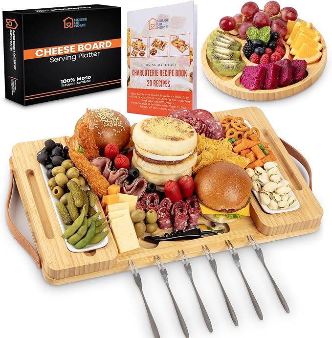 Bamboo Charcuterie Boards Gift Set with Magnetic Removable Side Trays, Fruit Tray, Handles, Cutlery-Ready Box & House Warming Gifts New Home