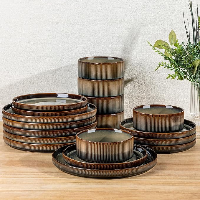 TheTerra Ceramic Dinnerware Sets for 6, 18 Pieces Porcelain Lightweight Speckled Plates and Bowls Sets, Scratch Resistant Dish Set, Oven & Microwave & Dishwasher Safe, Coca Mocha