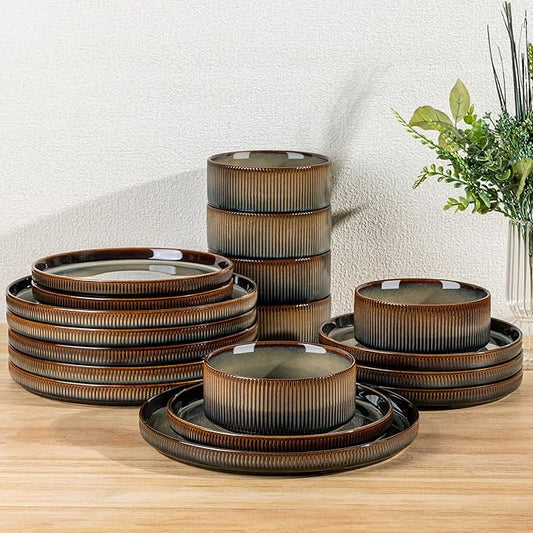 TheTerra Ceramic Dinnerware Sets for 6, 18 Pieces Porcelain Lightweight Speckled Plates and Bowls Sets, Scratch Resistant Dish Set, Oven & Microwave & Dishwasher Safe, Coca Mocha