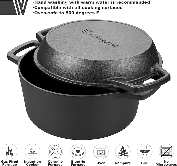 Pre-seasoned Cast Iron Double Dutch Oven Pot with Skillet Lid, Dual-handle, for Bread Baking, Outdoor, Campfire Cooking, 5 Quart