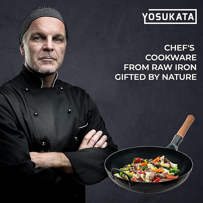 YOSUKATA 14” Round Bottom Carbon Steel Wok Pan – Blue Pre-Seasoned Pow Wok for Stir Fry, BBQ & Camping – Traditional Japanese & Chinese Cookware – Compatible with Gas Stoves & Open Fire Only