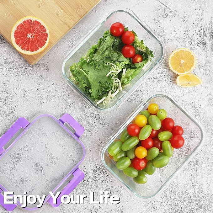 8 Pack 36oz Large Glass Meal Prep Containers with lids, Glass Food Storage Containers with Leak Proof Snap Lock Lids , Airtight Bento lunch Boxes, Kitchen Storage, Oven and Dishwasher Safe-Purple