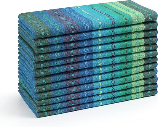 Multi Color Cotton Hemstich Napkin, Decorative Cocktail Machine Washable Dinner Napkin with Mitered Corner for Wedding Christmas Everyday Use - Pack of 12-18x18 Inch - Green Blue Multi