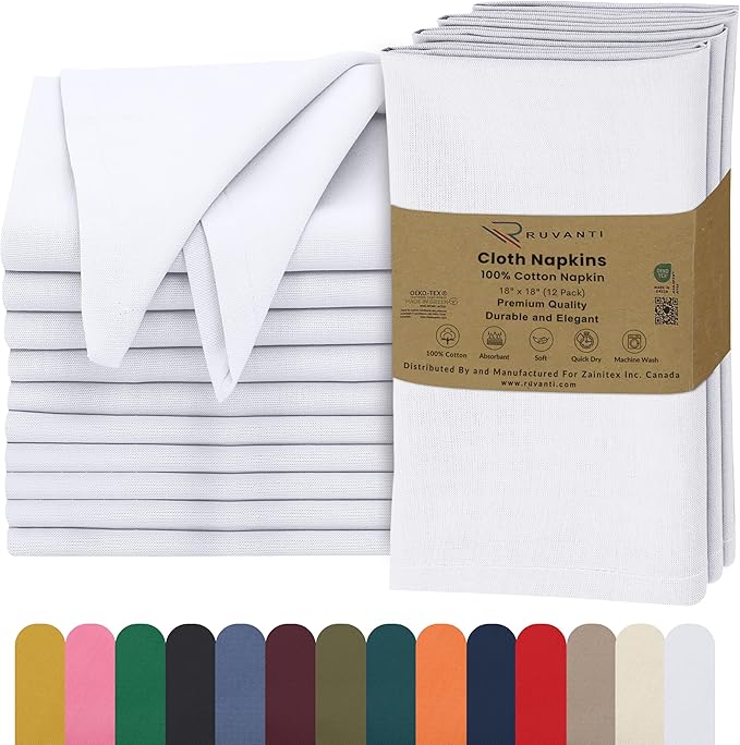 Ruvanti Cloth Napkins Set of 12, 18x18 Inches, 100% Cotton, Washable, Soft & Absorbent, Perfect for Wedding, Christmas, ‎Thanksgiving Dinners - White