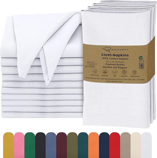 Ruvanti Cloth Napkins Set of 12, 18x18 Inches, 100% Cotton, Washable, Soft & Absorbent, Perfect for Wedding, Christmas, ‎Thanksgiving Dinners - White