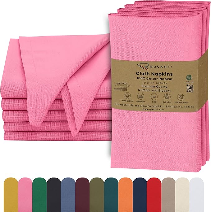 Ruvanti Cloth Napkins Set of 6, 18x18 Inches, 100% Cotton, Washable, Soft & Absorbent, Perfect for Wedding, Christmas, ‎Thanksgiving Dinners - Pink