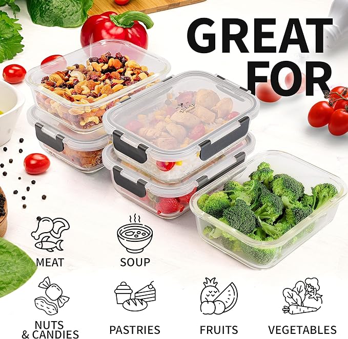 Zulay Kitchen 5 Pack Glass Meal Prep Containers with Lids - Airtight, Premium Borosilicate Glass Food Storage Containers - Microwave, Freezer & Oven Safe, BPA Free - Gray