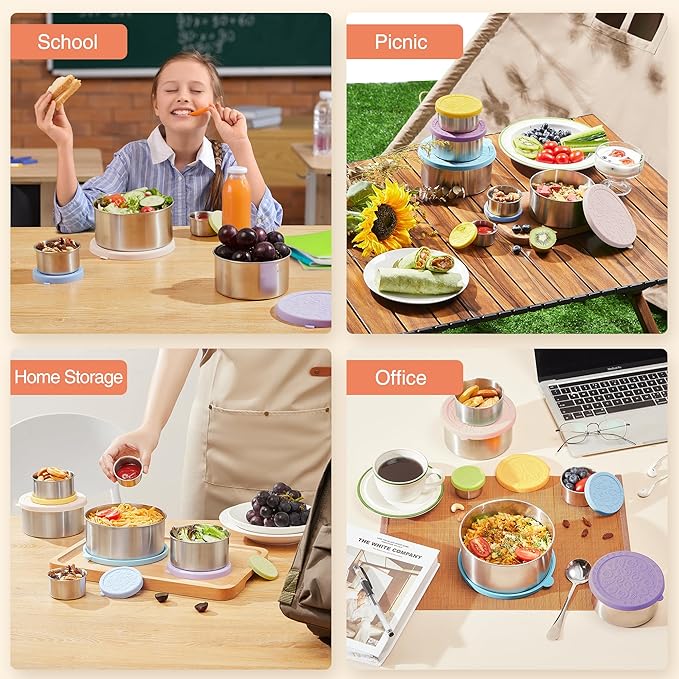 Stainless Steel Food Container, Set of 6, Nesting Bowls with Colorful Lids, stackable leakproof Metal Lunch Box Set for Kids, Daycare, School, Travel. Sauce Salad dressing Container to go (Harmony)