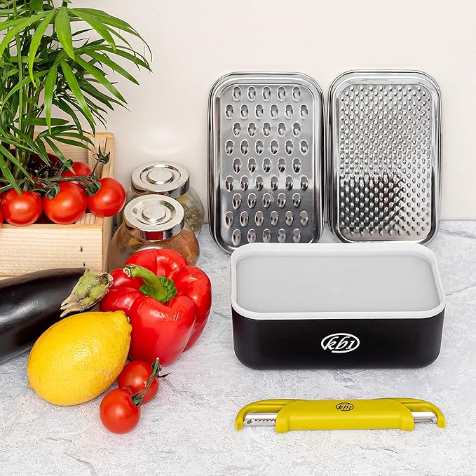 Cheese Grater with Container and Lid & Peeler Set - Vegetable Fruit Multi-Function Stainless Steel Kitchen Utensil Kit with Black Food Plastic Storage Stable Box - Hand Chopper Graters & Peelers