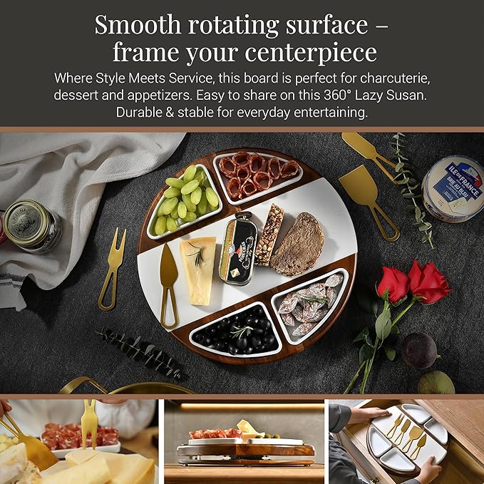 Shanik Upgraded Lazy Susan Cheese Cutting Board Set - Round Acacia Charcuterie Board With 4 Ceramic Bowls - Wedding Gifts - Cheese Serving Platter - Bridal Shower