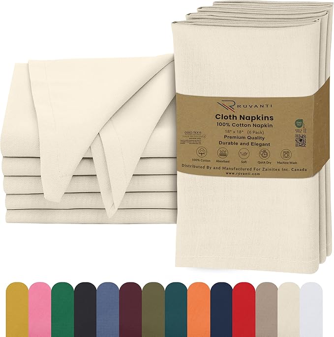 Ruvanti Cloth Napkins Set of 6, 18x18 Inches, 100% Cotton, Washable, Soft & Absorbent, Perfect for Wedding, Christmas, ‎Thanksgiving Dinners - Antique White