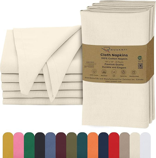 Ruvanti Cloth Napkins Set of 6, 18x18 Inches, 100% Cotton, Washable, Soft & Absorbent, Perfect for Wedding, Christmas, ‎Thanksgiving Dinners - Antique White