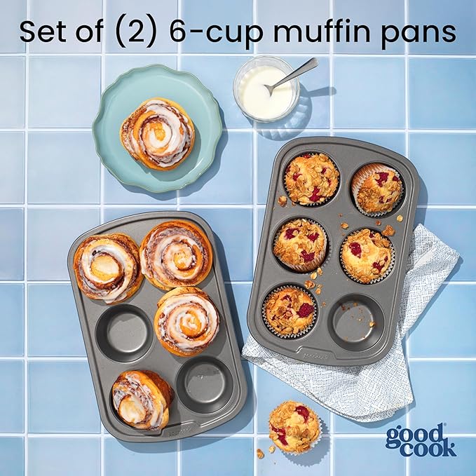 GoodCook Set of 2 Everyday Nonstick Steel Muffin Pan, 6 cup, Gray