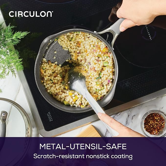 Circulon A1 Series with ScratchDefense Technology Nonstick Induction Straining Sauce Pan with Lid, 3 Quart, Aluminum, Graphite