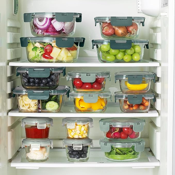 COOK WITH COLOR Premium 32-Pc. Borosilicate Glass Food Container Set with Dividers - 4 Rectangles, 8 Rounds, 4 Squares - Leakproof Lids - Meal Prep, Storage, Ombre Green