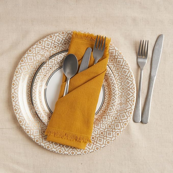 ACCENTHOME Mustard Cotton Linen Napkin Set of 12 18x18 inch Dinner Napkins - Washable Soft Premium Hotel Quality Reusable Napkins Perfect Table Napkins for Family Dinners, Weddings & Everyday Use