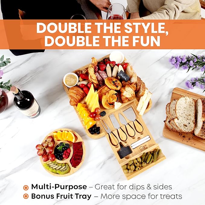 Large Bamboo Charcuterie Boards Gift Set with Hidden Drawer, Side Fruit Tray, Cheese Knife Set, Ceramic Bowls, Recipe Book - House Warming Gifts New Home