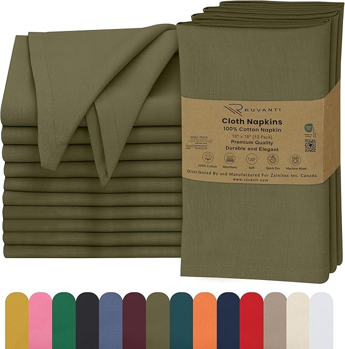Ruvanti Cloth Napkins Set of 12, 18x18 Inches, 100% Cotton, Washable, Soft & Absorbent, Perfect for Wedding, Christmas, ‎Thanksgiving Dinners - Capulet Olive