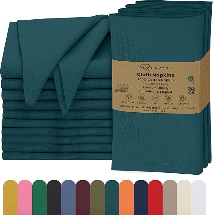 Ruvanti Cloth Napkins Set of 12, 18x18 Inches, 100% Cotton, Washable, Soft & Absorbent, Perfect for Wedding, Christmas, ‎Thanksgiving Dinners - Deep Teal