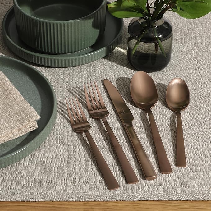 Gibson Elite Earlston 20-Piece Flatware Silverware Set - Stainless Steel Utensils - Forks, Spoons, Knives - Service for 4 - Matte Rose Gold