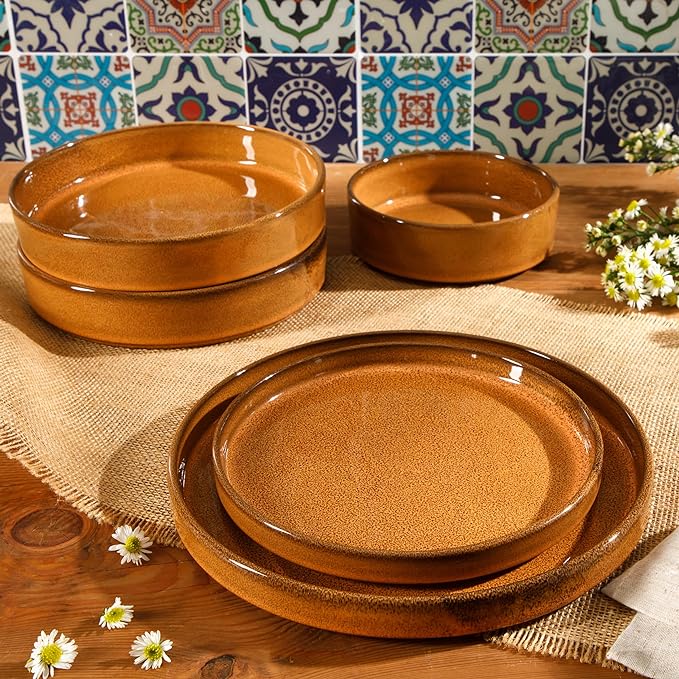 Bloomhouse Santorini Mist Double Bowl Terracotta Reactive Glaze Plates and Bowls Dinnerware Set - Amber, Service for Four (16pcs)