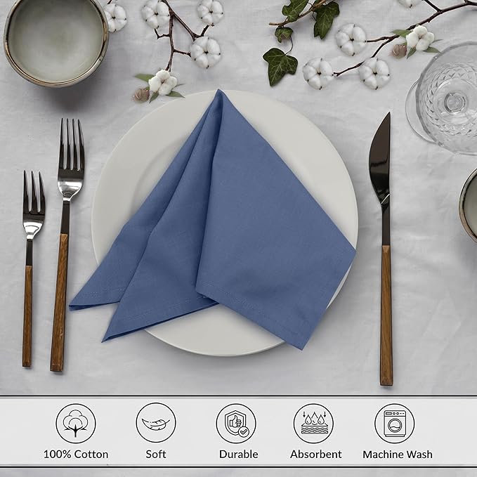 Ruvanti Cloth Napkins Set of 12, 18x18 Inches, 100% Cotton, Washable, Soft & Absorbent, Perfect for Wedding, Christmas, ‎Thanksgiving Dinners - Bijou Blue