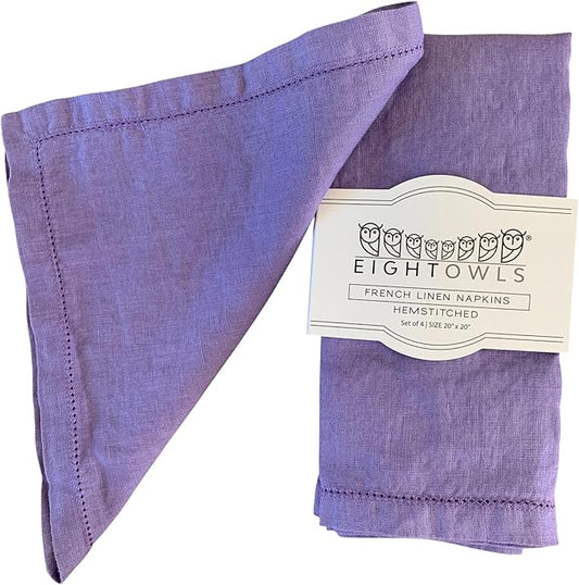 Hemstitched Linen Napkins – 20 Inch x 20 Inch – Stonewashed Pure Linen Cloth Dinner Napkins with Mitered Corners - 100% French Flax – Machine Washable - Set of 4 (Dusty Pastel Purple)