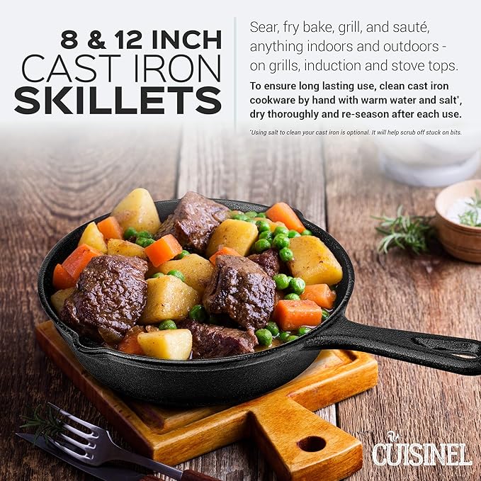 Pre-Seasoned Cast Iron Skillet Set (8-Inch and 12-Inch) Oven Safe Cookware - Heat-Resistant Holders - Indoor and Outdoor Use - Grill, Stovetop, Induction Safe
