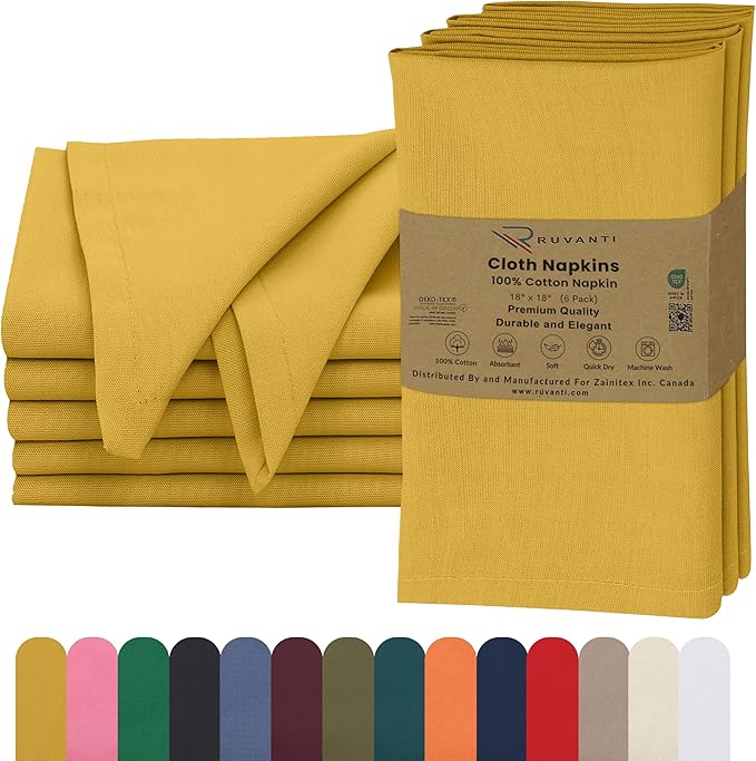 Ruvanti Cloth Napkins Set of 6, 18x18 Inches, 100% Cotton, Washable, Soft & Absorbent, Perfect for Wedding, Christmas, ‎Thanksgiving Dinners - Spicy Mustard