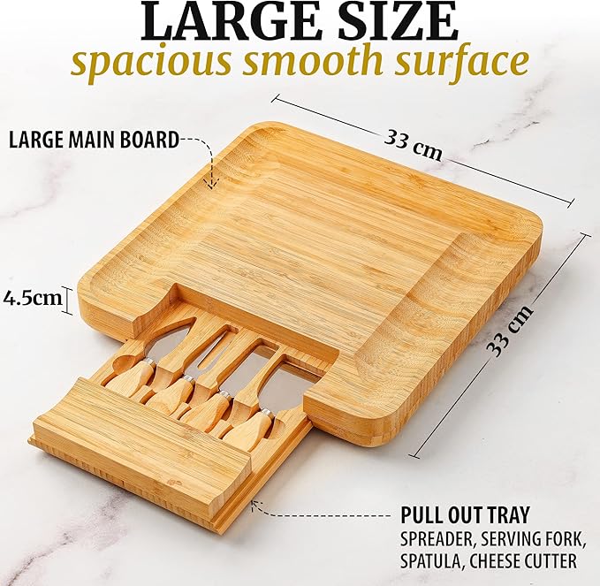 Zulay Kitchen Premium Bamboo Cheese Board Set - Extra Thick Bamboo Charcuterie Board Set with 4 Piece Knife Set - Wooden Cheese Board is Perfect for Charcuterie, Wine and Cheese (Party Set)