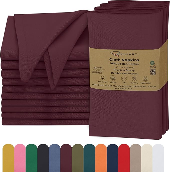 Ruvanti Cloth Napkins Set of 12, 18x18 Inches, 100% Cotton, Washable, Soft & Absorbent, Perfect for Wedding, Christmas, ‎Thanksgiving Dinners - Burgundy