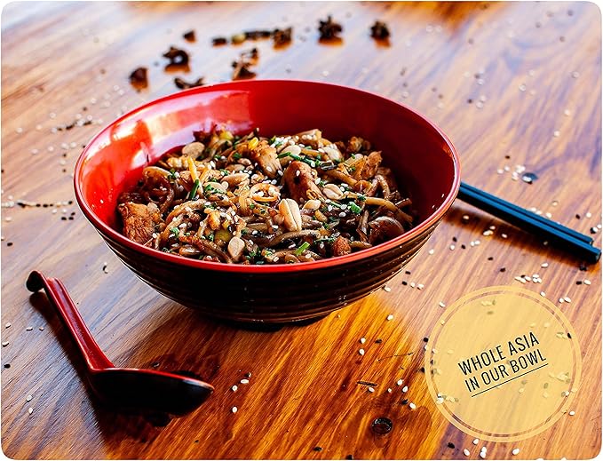 4 Ramen Bowls, 12 pieces Pho set. Red Black Ramen Bowl Set. Unbreakable Melamine. Asian Japanese soup. Spoons And Chopsticks kit. . XL 37 oz. Noodles, Rice, Udon, Thai, Chinese, Korean, Wonton, Miso