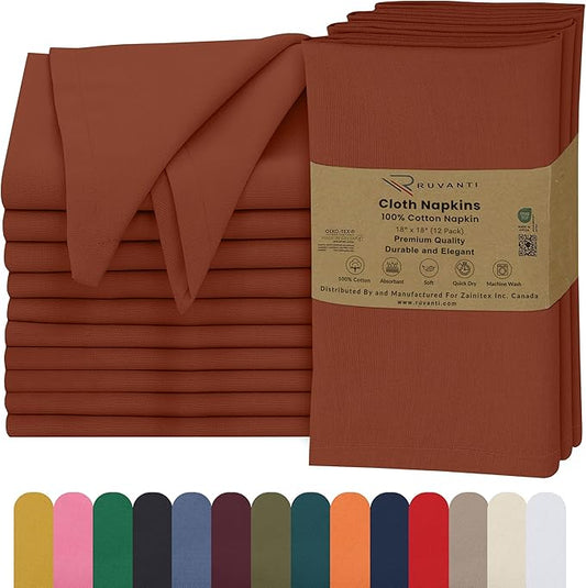 Ruvanti Cloth Napkins Set of 12, 18x18 Inches, Napkin Cloth Washable, Soft & ‎Absorbent 100% Cotton Napkins, Perfect for Wedding, Christmas, ‎Thanksgiving, and Dinner - Rust