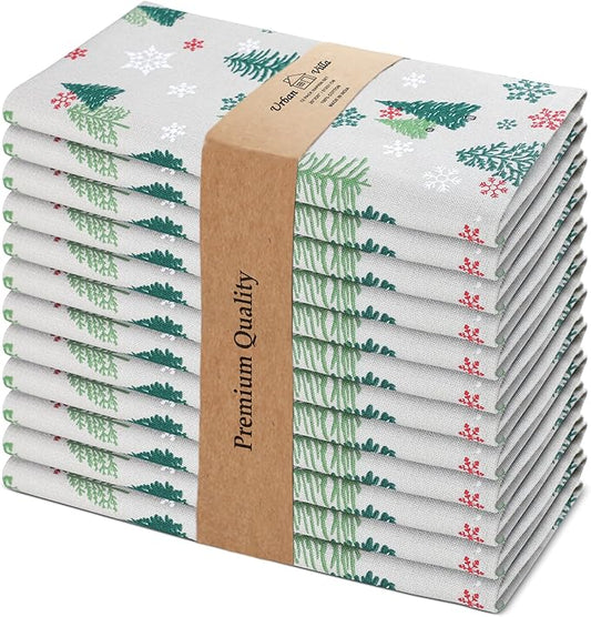 Urban Villa Christmas Cloth Napkins Green Trees Print Set of 12 100% Cotton Absorbent Dinner Napkins (20X20 Inches)Over Sized Soft Durable Reusable Washable Ideal for Home Wedding Parties Everyday use